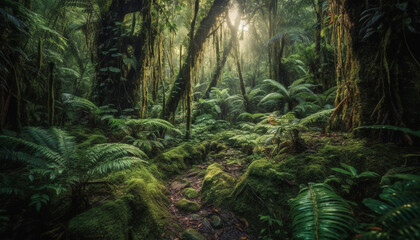 Tranquil scene of old growth forest in tropical rainforest generated by AI