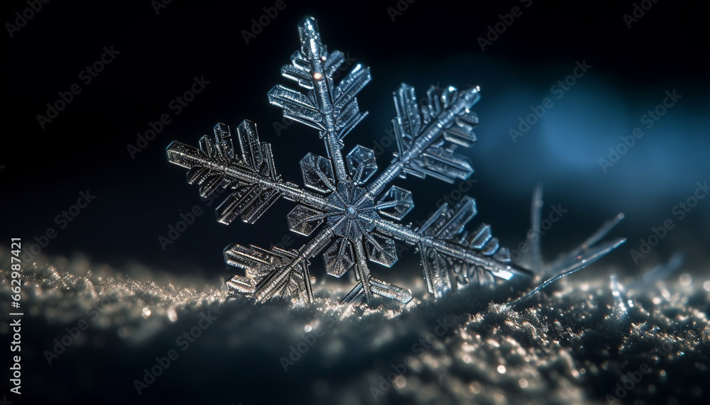 Poster shiny snowflake decoration illuminates winter night with fractal patterns generated by ai