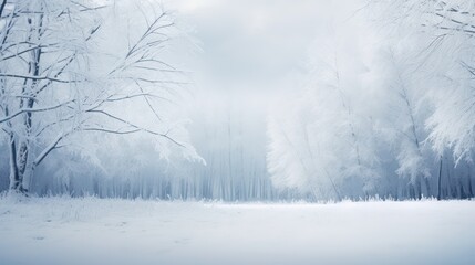 A blurred winter forest landscape in nature, with snow-covered trees and space for text