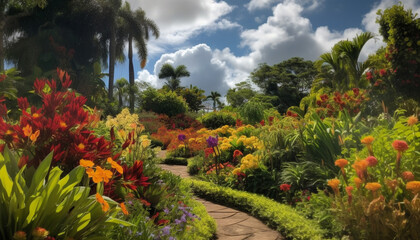 Vibrant tropical garden with multi colored flowers and palm trees generated by AI