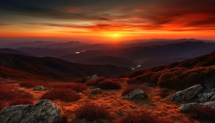 Fototapeta premium Majestic mountain range, tranquil sunset, panoramic horizon, beauty in nature generated by AI