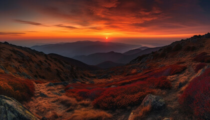 Majestic mountain range, tranquil sunset, panoramic beauty in nature generated by AI