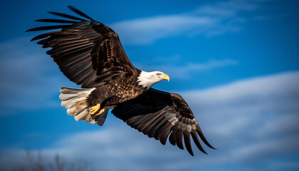 Majestic bird of prey, bald eagle, spreads wings in mid air generated by AI