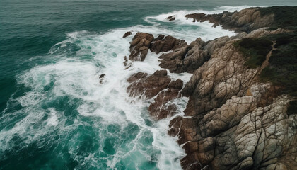 Fototapeta premium Breaking waves crash against rocky coastline, a natural beauty generated by AI