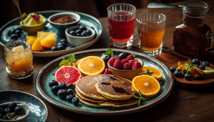 A rustic plate of gourmet pancakes with fresh berry variations generated by AI