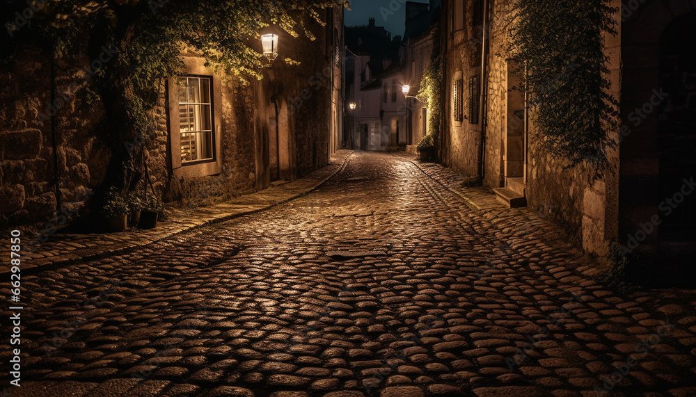 Poster medieval architecture illuminated by old fashioned lanterns on cobblestone streets generated by ai