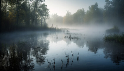 Fototapeta premium Tranquil scene of a forest pond reflects autumn beauty generated by AI