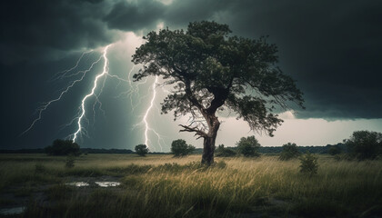 Fototapeta premium Dramatic sky, spooky forest, wet meadow, electricity sparks danger generated by AI