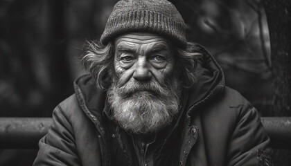 Senior man with gray hair and beard sitting outdoors in winter generated by AI