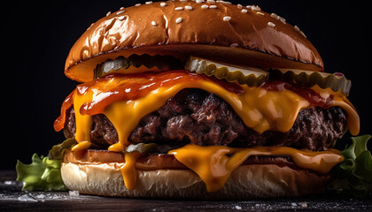 Grilled gourmet cheeseburger with tomato, onion, and French fries generated by AI