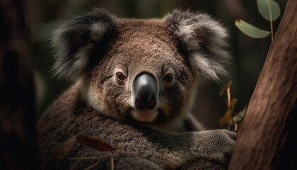 Cute koala, marsupial mammal, endangered species, looking at camera outdoors generated by AI