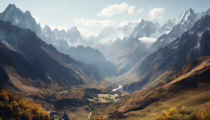 Adventure in majestic mountain range, hiking extreme terrain, experiencing nature beauty generated by AI