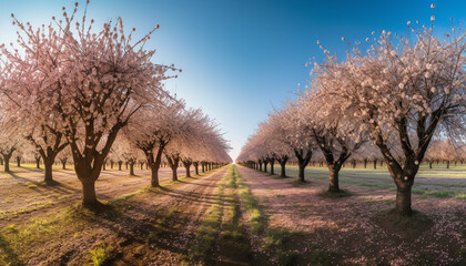 Fototapeta na wymiar Tranquil meadow, blossoming orchard, beauty in nature vanishing point generated by AI