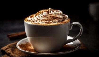 Rustic coffee cup with frothy mocha and whipped cream decoration generated by AI
