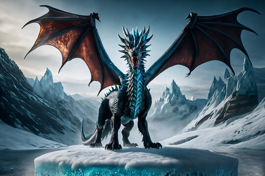 Ice dragon standing on an big ice block - Generative AI