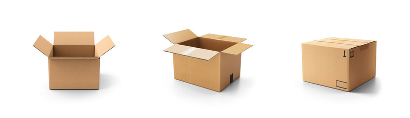 set of shipment cargo or parcel package cardboard boxes for home delivery and shipping service, open and closed empty blank mockup template with isolated transparent png background