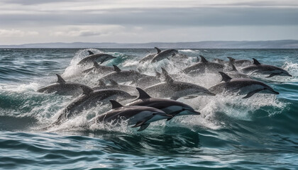 Fototapeta premium Group of majestic aquatic mammals jumping in the tropical sea generated by AI