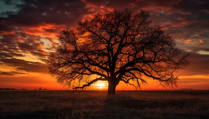 Fotobehang Bordeaux Silhouette of acacia tree in tranquil African sunset landscape generated by AI