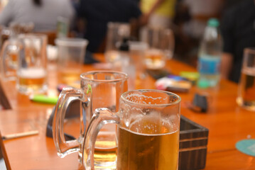 beer mug on wooden table alcoholic drink fun and leisure