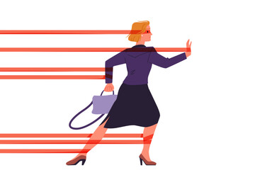 Gender barrier to career as businesswoman vector illustration. Cartoon isolated woman struggling against difficult obstacles and hurdles of ribbon to move forward with perseverance and efforts