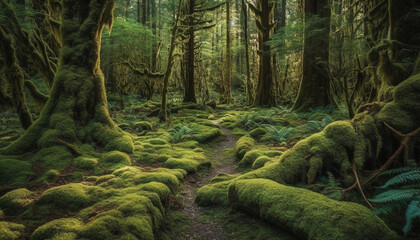 Tranquil scene of a temperate rainforest with lush green foliage generated by AI - obrazy, fototapety, plakaty