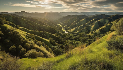 Fototapeta na wymiar Tranquil sunrise over panoramic mountain range, idyllic rural scene generated by AI