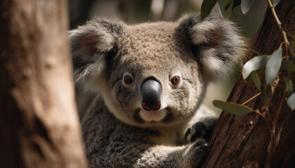 Koala sitting on eucalyptus tree branch, furry marsupial looking cute generated by AI