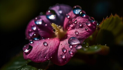 Vibrant petals reflect dew drops on fresh purple flower head generated by AI
