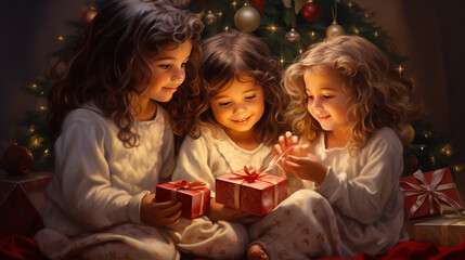 Obraz na płótnie Canvas Сhildren near the Christmas tree unwrapping gifts, AI Generation