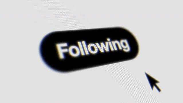 Social Media unfollow animation, X UI, mouse pointer on screen unfollowing an accound, 4K