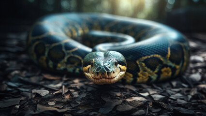 Anaconda salvaje preparada enroscada preparada para atacar en la naturaleza mirando a la cámara - obrazy, fototapety, plakaty