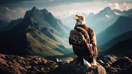 Águila salvaje en la montaña posada en una roca