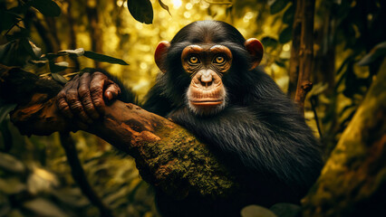 Retrato de un chimpancé en la naturaleza relajado apoyado en la rama de un árbol mirando a cámara - obrazy, fototapety, plakaty
