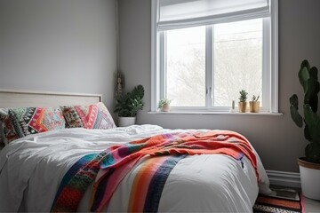 Bed with colorful blanket, white headboard, wall, window. Generative AI