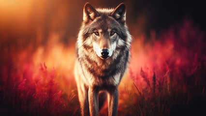 Lobo salvaje en la naturaleza mirando a cámara - obrazy, fototapety, plakaty