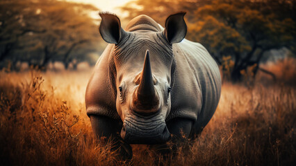 Rinoceronte de África en la naturaleza mirando a cámara - obrazy, fototapety, plakaty