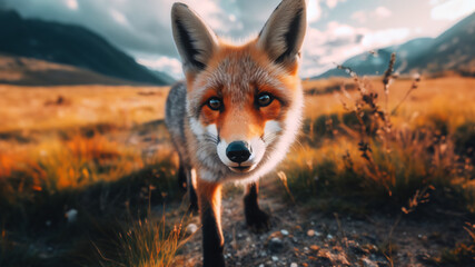 Retrato de un zorro salvaje en la naturaleza mirando a cámara - obrazy, fototapety, plakaty