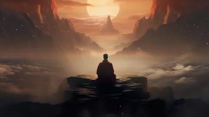 Cercles muraux Himalaya A Buddhist monk meditates on the peaks of the Himalayas