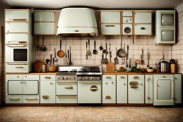 Vintage kitchen from the 1970 era with retro appliances and round - obrazy, fototapety, plakaty
