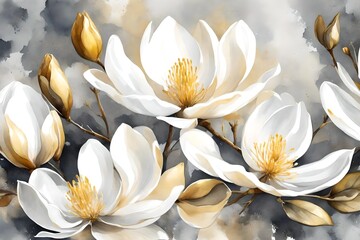 Golden white and gray flowers for wall canvas décor. 