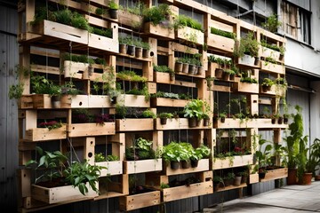 Recycled pallets with hanging plants creating a vertical