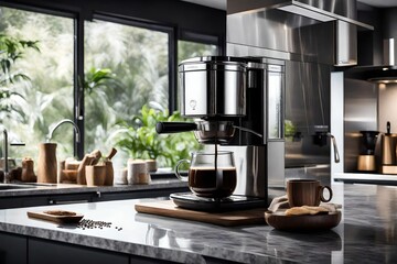 A luxurious coffee maker in a kitchen with a waterfall backdrop.