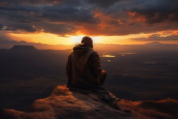 Fototapeta na wymiar Man sitting on top of a mountain