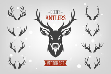 Vector Christmas Reindeer Horns, Antlers. Deer Horn Silhouettes. Hand Drawn Deer Horn, Antler Set. Animal Antler Collection. Design Elements of Deer. Wildlife Hunters, Hipster, Christmas Concept