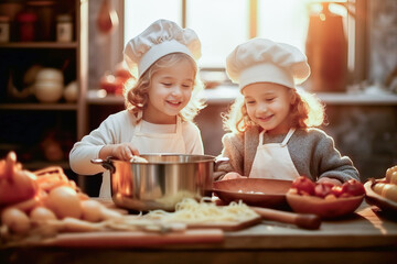 Two young girls cooking together in the kitchen