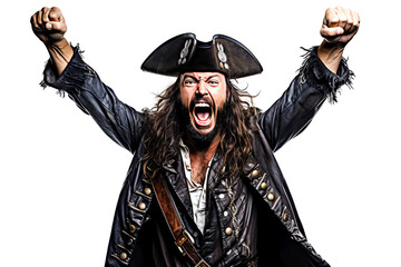 Obraz premium rough pirate man in hat and coat with wild long hair and beard cheering and celebrating raised arms on white background