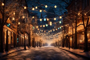 a festive street scene with Christmas lights and decorations. - obrazy, fototapety, plakaty