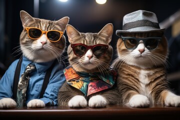 cats portrait with sunglasses, Funny animals in a group together looking at the camera, wearing clothes, having fun together, taking a selfie, An unusual moment full of fun and fashion consciousness. - obrazy, fototapety, plakaty