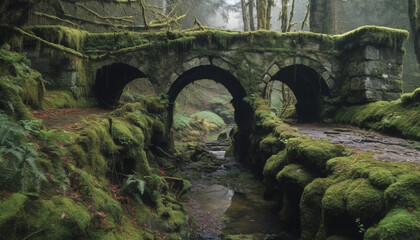 Ancient bridge arches over flowing water in Asturias landscape generated by AI