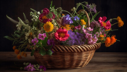 Fototapeta na wymiar Fresh bouquet of multi colored wildflowers in rustic flower pot generated by AI